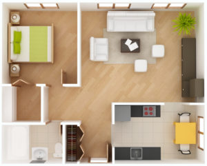 3D floor plan top view. Simple 1 bedroom 1 bath house.